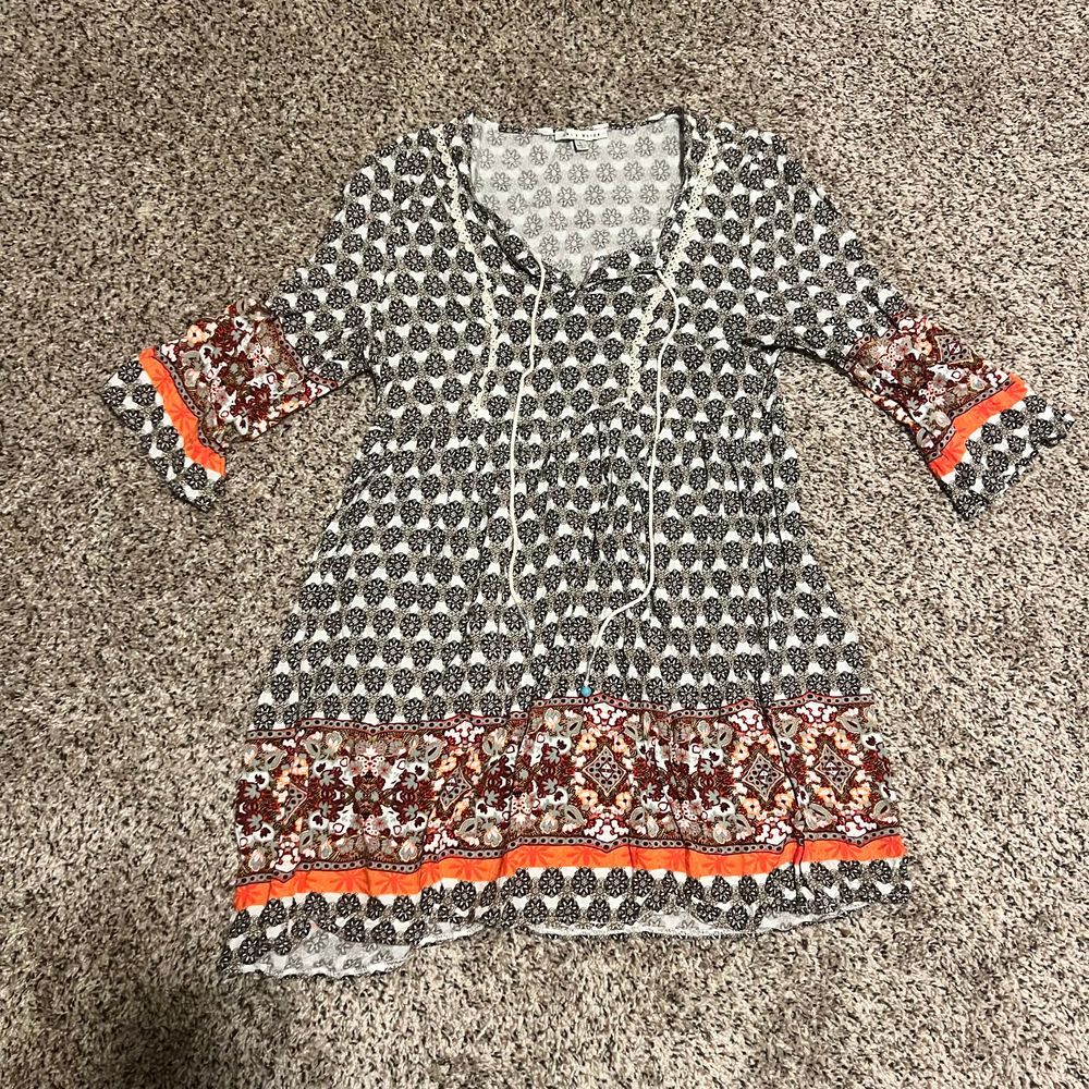 Haute Monde Boho Mixed Print Tunic long blouse and‎ Tie Front Detail size L